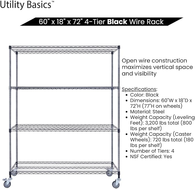 60"x18"x72" Black Premium Metal Steel Wire Shelving 4-Tier NSF 3200 LBS MAX - Image 5
