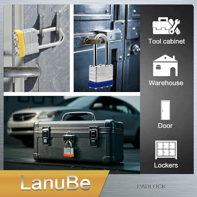 Lanube Lock 12-Pack Laminated Keyed Padlock Set 3 Colors, 2 Short 2 Long - Image 7