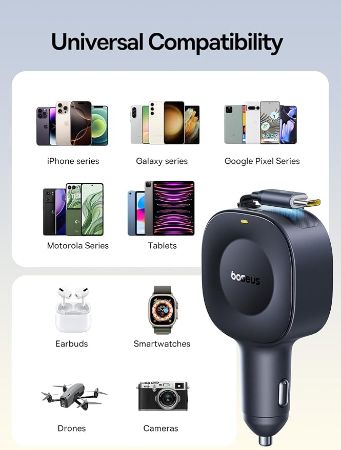 Baseus Ultra-Mini Retractable Car Charger USB C, 60W Fast Charging Car Charger - Image 7