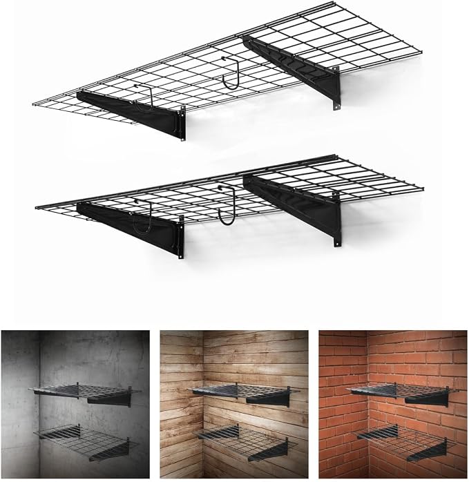 Fencer Wire 48 in. W x 18 in. D Wall Mounted Garage Wall Shelving w/ 2 Hooks by Fencer+Wire