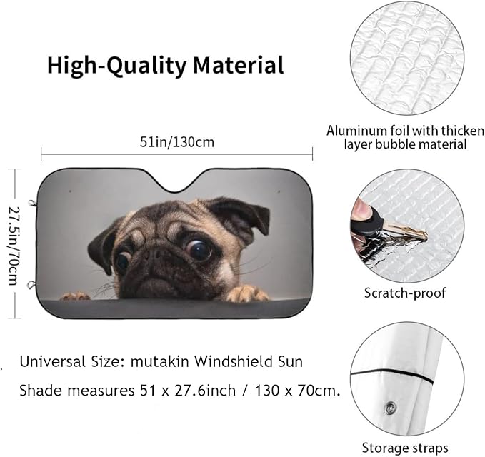 Pug Dog Car Windshield Sunshade Front Window Sun Visor Protector Foldable - Image 3