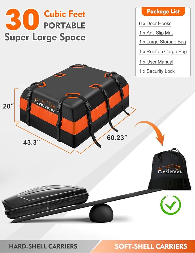 FIVKLEMNZ 30 Cubic Car Rooftop Cargo Carrier Roof Bag Waterproof - Image 5