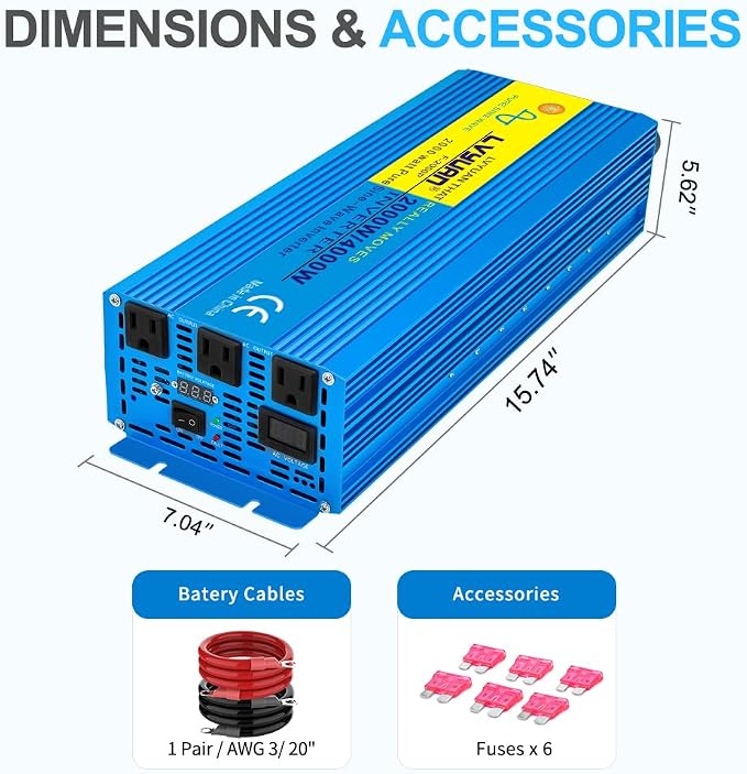 LVYUAN 2000 Watt Pure Sine Wave Inverter 12V to 110V 120V DC to AC - Image 5