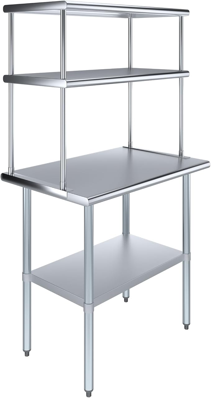 Amgood Stainless Steel Work Table Double Tier Overshelf | Metal Kitchen Prep by AmGood
