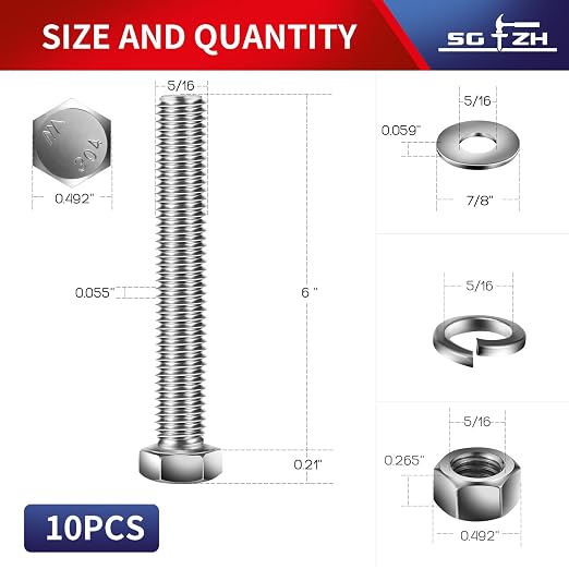 5/16-18 x 6" Hex Head Screw Bolt, Flat & Lock Washers, Fully Threaded, by SG TZH - Image 2