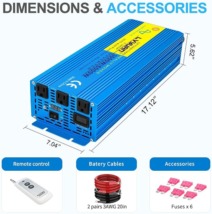 LVYUAN 3000 Watt Pure Sine Wave Inverter 12V to 110V 120V DC to AC - Image 3