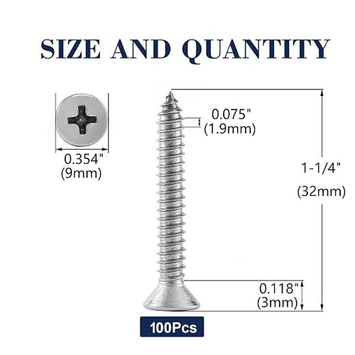 #10 x 1-1/4" Wood Screw 100Pcs 18-8 Stainless Steel Screws Flat Head Phillips - Image 2