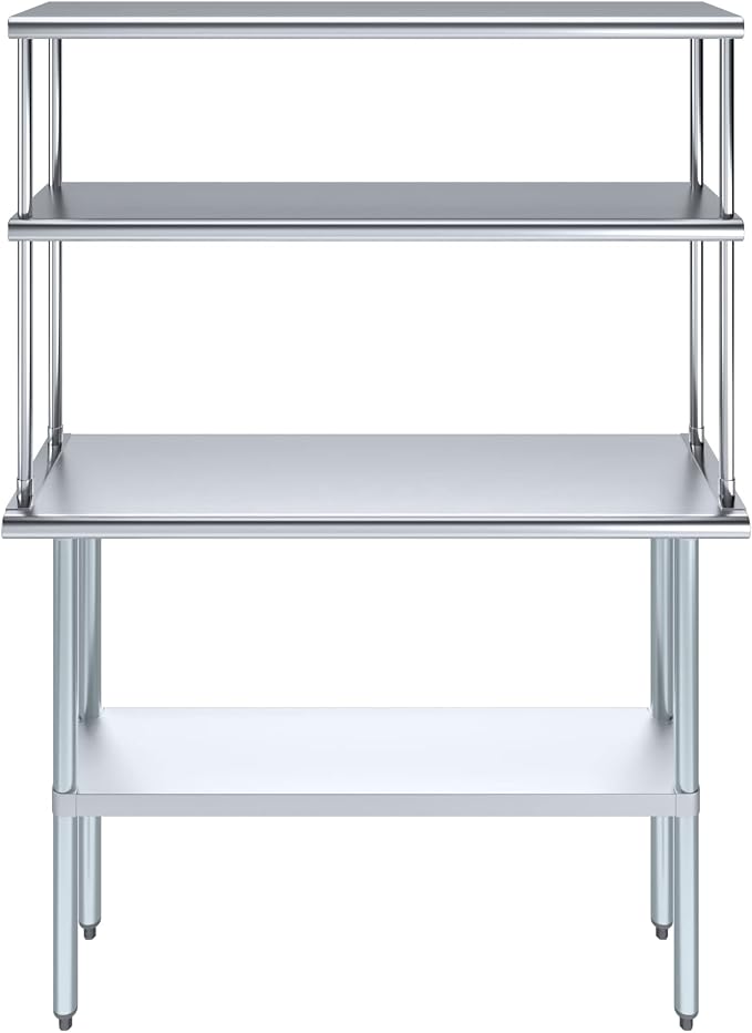 Amgood Stainless Steel Work Table Double Tier Overshelf | NSF 14" x 48" Work - Image 2