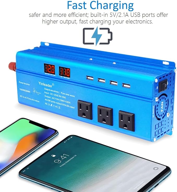 Yinleader 1000 Watt Pure Sine Wave Inverter 12V to 110V DC to AC Car Power - Image 3