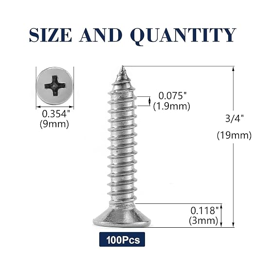 #10 x 3/4" Wood Screw 100Pcs 18-8 Stainless Steel Screws Flat Head Phillips - Image 2