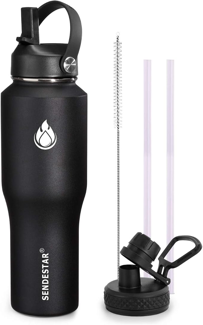 SENDESTAR Water Bottle 32oz, 2 Lids, Wide Mouth Stainless Steel Vacuum by Sendestar