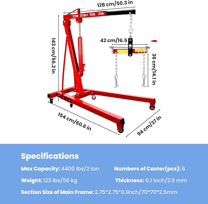 Engine Hoist 2 Ton Folding Cherry Picker Engine Hoist, Heavy Duty Alloy Steel - Image 3