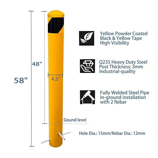 58" High 4-1/2" OD Steel Bollard Post Underground Mount, Cap Removable Safety - Image 4