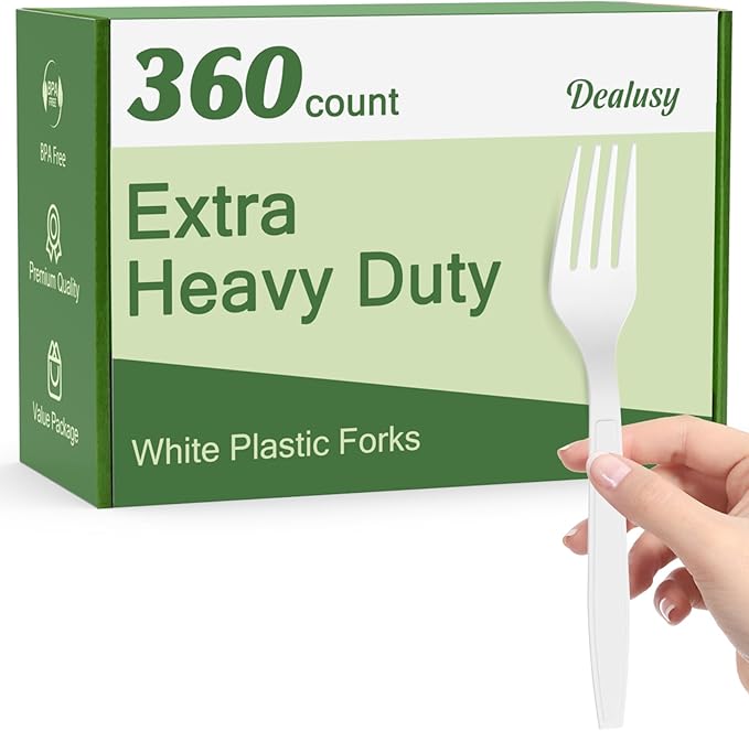 360 Count Extra Heavy Duty White Plastic Forks Disposable, Heat Resistant by Dealusy