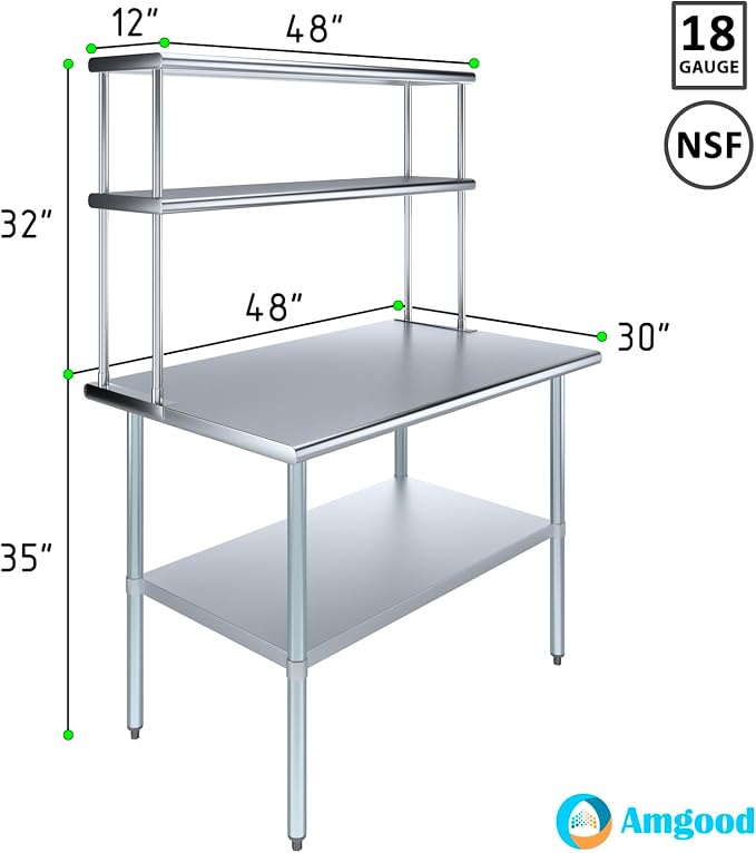 Amgood Stainless Steel Work Table Double Tier Overshelf | Metal Kitchen Prep - Image 3