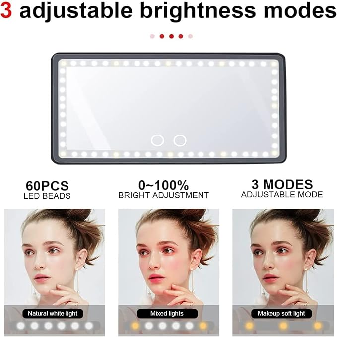 Car Visor Vanity Mirror with Rechargeable LED Lights, 3 Light Modes & Dimmable - Image 3