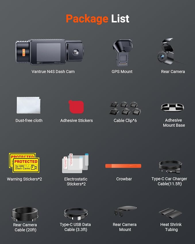 Vantrue N4S 3 Channel Front Inside Rear Dash Cam, 2.7K+1440P+1440P WiFi Dash - Image 8