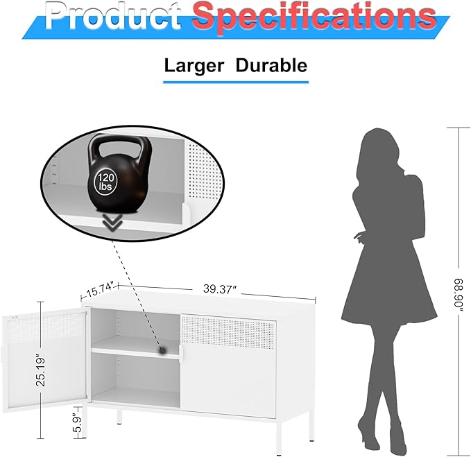 2 Door Storage Sideboard, Metal Storage Cabinet - Image 2
