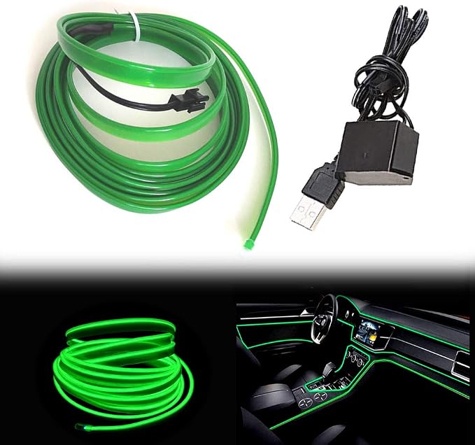 El Wire Green Interior Car LED Strip Lights, 3M Neon Wire USB 5V by Maxlaxer