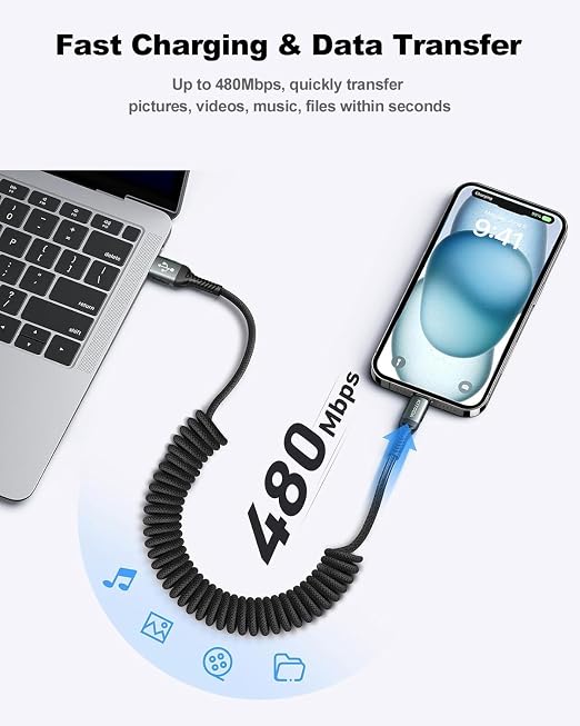 USB A to USB C Cable 3FT/6FT, Coiled USB C Cable - Image 6