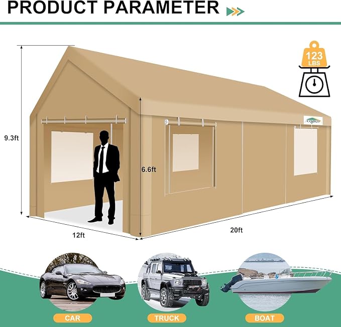 COBIZI Carport 12x20ft Heavy Duty Portable Garage, 2.0 Powder Coated Frame - Image 3