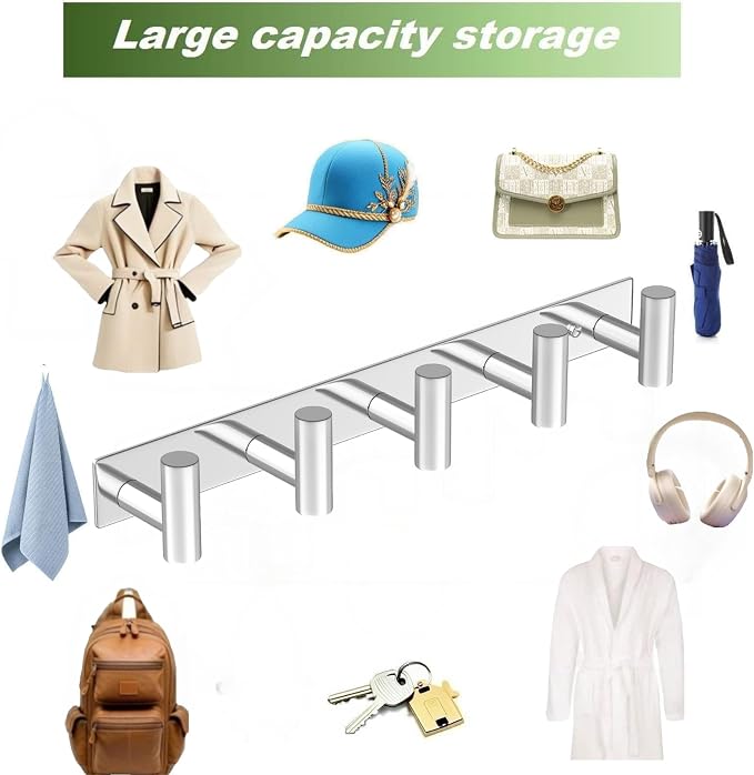 Wall Mounted Coat Rack-5 Hooks, Heavy Duty Stainless Steel Hook Rail - Image 6