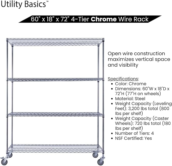 60"x18"x72" Chrome Premium Metal Steel Wire Shelving 4-Tier NSF 3200 LBS MAX - Image 5