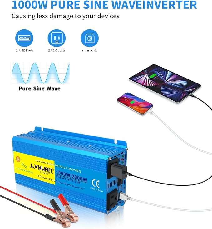 LVYUAN 1000 Watt Pure Sine Wave Inverter 12V to 110V 120V DC to AC - Image 6