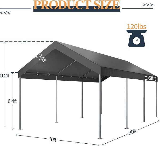 Shintenchi 10x20ft Heavy Duty Carport - Image 3