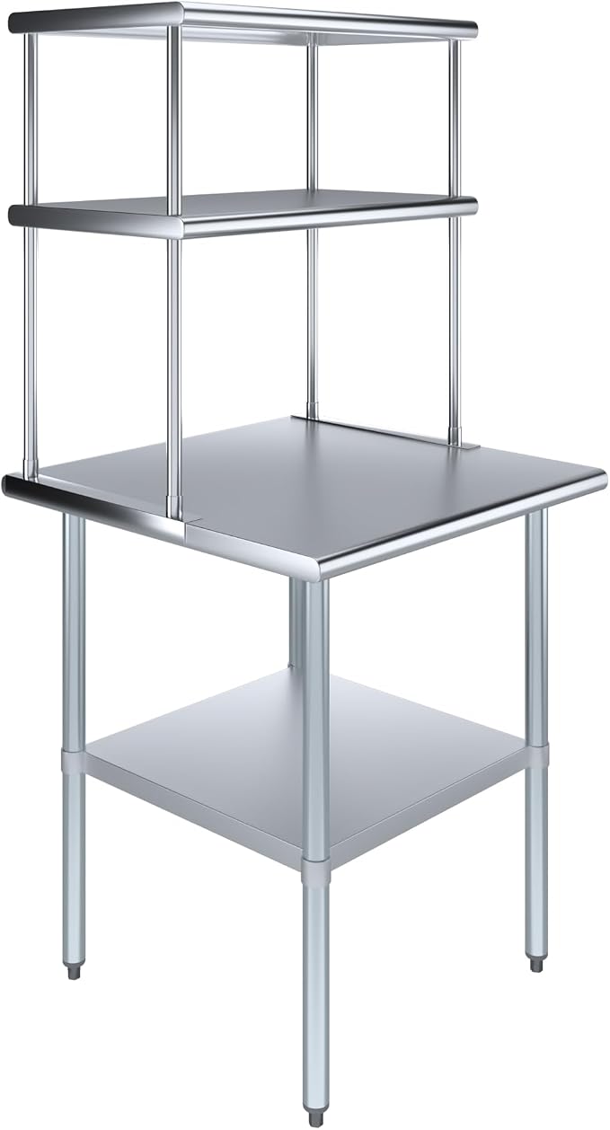 Amgood Stainless Steel Work Table Double Tier Overshelf | Metal Kitchen Prep by AmGood