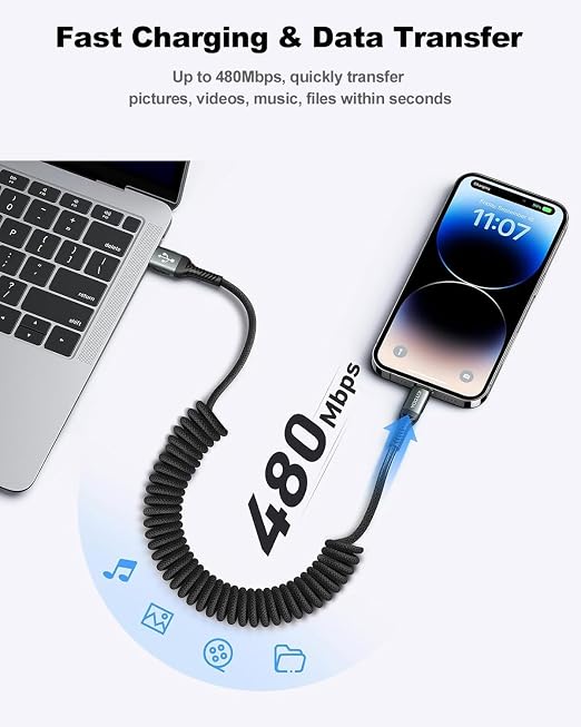 USB to Lightning Cable for Car 3FT+6FT, Coiled iPhone Charger Cables Braided - Image 4