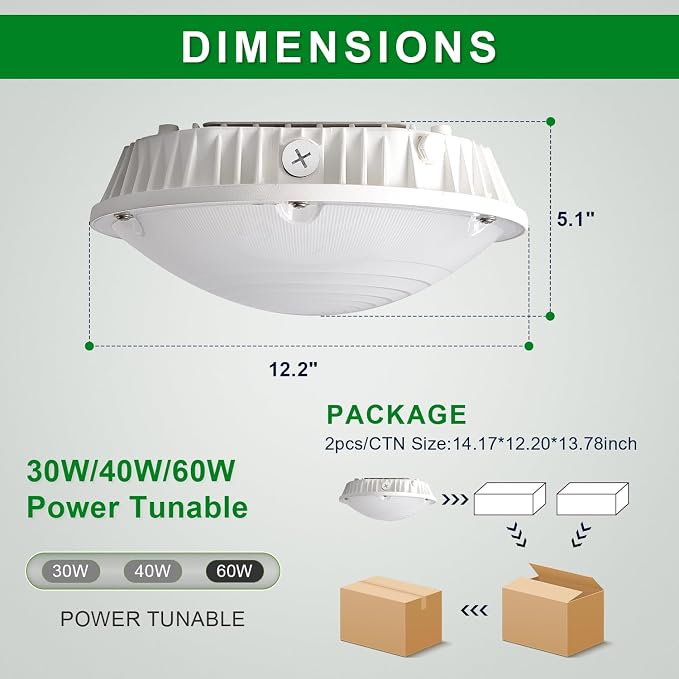 OSTEK LED Garage Light 30W/40W/60W LED Carport Canopy Lights 5000K 90-277V IP65 - Image 4