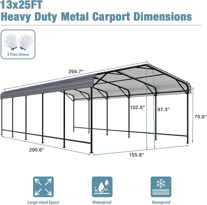 EBE 13' x 25' Metal Carport, Outdoor Steel Carport Canopy - Image 2