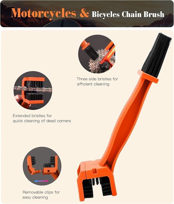 7PCS Motorcycle Cleaning Kit, 2-Size Bendable Wheel Brush, Tire and Chain Brush - Image 6