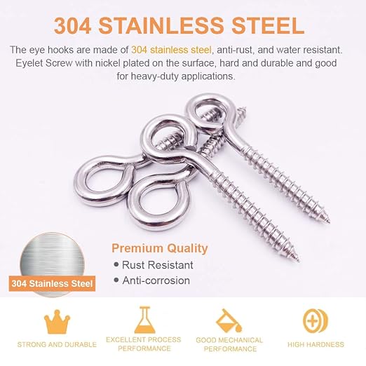 6-Pack 304 Stainless Steel Screw Eyes 3.2", Heavy Duty Screw in Eye Hooks Ring - Image 4