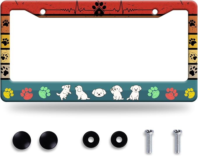Dog License Plate Frame Cute Dog Paws License Plate Stainless Steel Animal by GORSNKYE