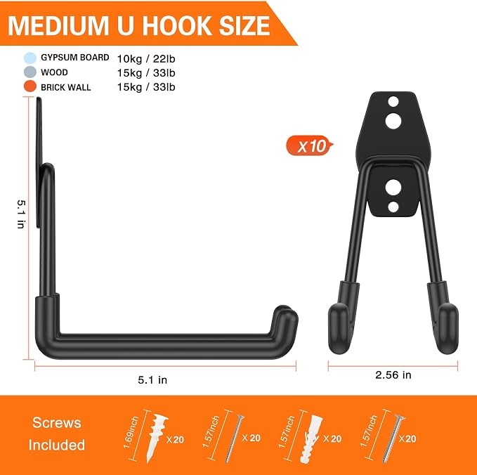 Heavy Duty Garage Hooks 10 Pack, 5.1 inch Medium U Shaped Hanger, Wall Mounted - Image 2