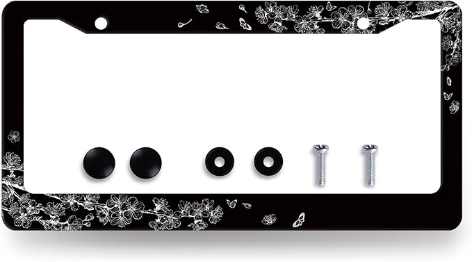 Black White Cherry Blossom License Plate Frame Butterfly Flower License Plate by RNKATIH