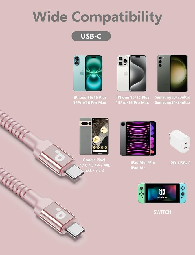 USBC Cable 10FT, Nylon Braided USB C to USB C iPhone Charger Cord Compatible - Image 8