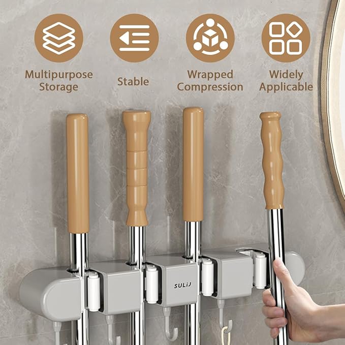 2Pcs Broom Mop Holder with Hooks Wall Mounted Broom Storage Rack No Drilling - Image 5