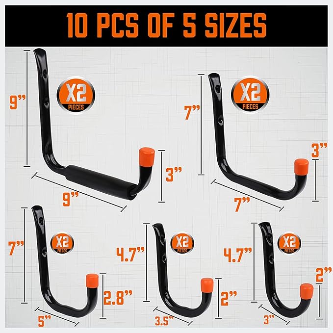 HORUSDY 10-Pack Heavy Duty Garage Storage Hooks Assorted Utility Hooks - Image 3