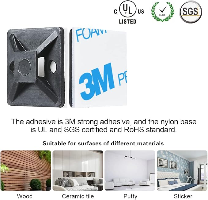 200pcs 3/4" 3M Back-Glue Self Adhesive Black Strong Cable Zip Tie Mounts - Image 7