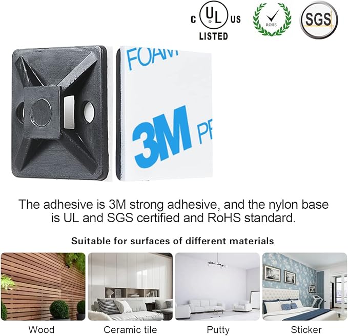 XHF 3/4" Strong Back-Glue Self Adhesive Black Cable Zip Tie Mounts 100pcs - Image 2