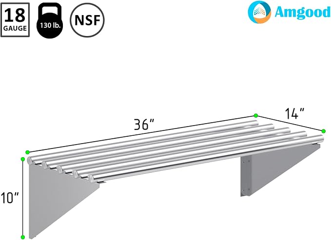 AmGood 14 in. x 36 in. NSF Stainless Steel Tubular Wall Shelf | Heavy-Duty - Image 3