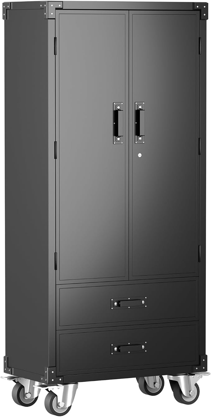 Rolling Storage Cabinet with 2 Doors and 2 Drawers, Heavy Duty Metal Storage by SUXXANFurniture