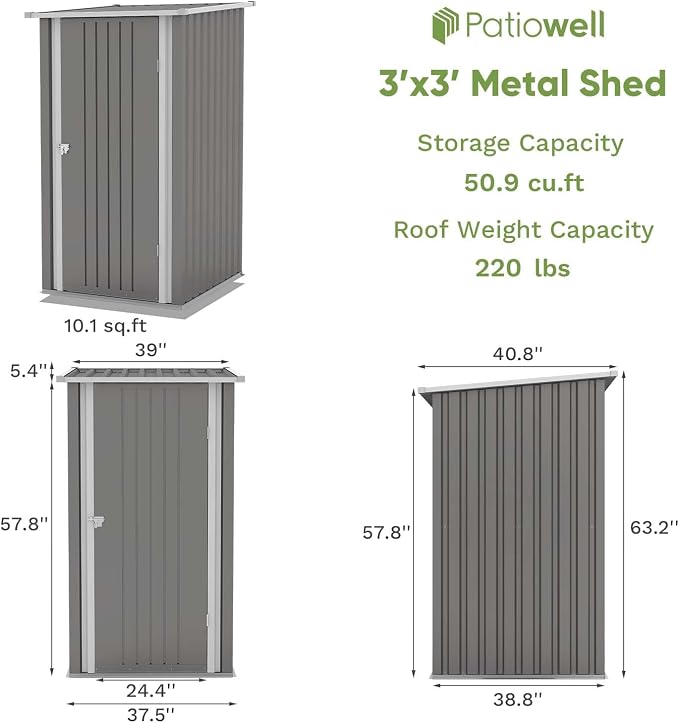 Patiowell 3 x 3 FT Outdoor Storage Shed, Small Garden Tool Storage Shed - Image 4