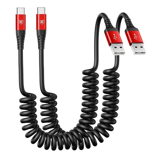 Coiled USB A to USB C Cable for Car 6FT 2Pack USB C Charger Cable Fast Charging by KIYODA