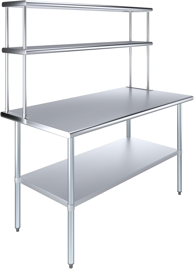 Amgood Stainless Steel Work Table Double Tier Overshelf | Metal Kitchen Prep by AmGood