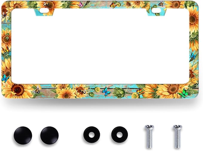 Butterfly Sunflower License Plate Frame Wooden Board Flowers Animals License by RNKATIH