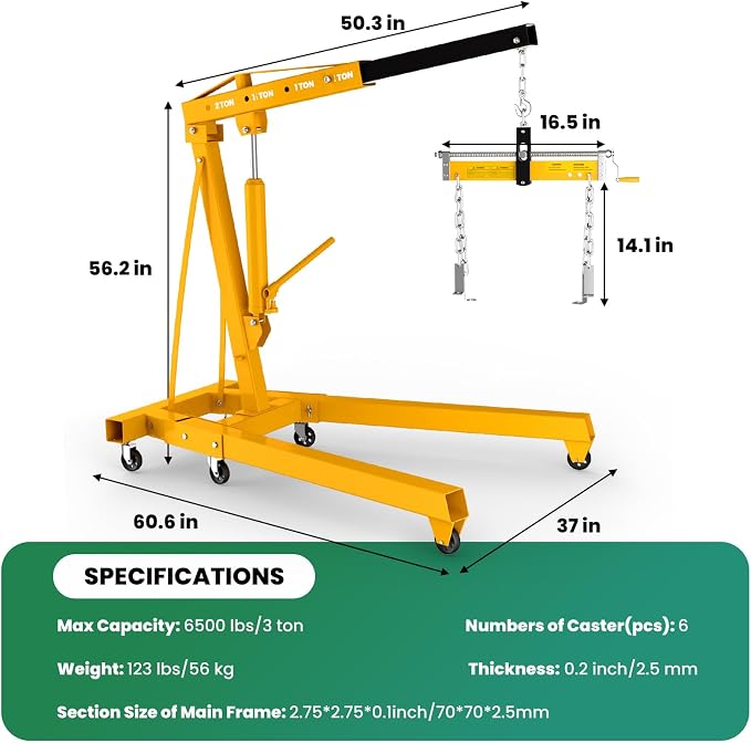 3 Ton Engine Hoist, Folding Hydraulic Cherry Picker Engine Lift, 6500LBS Alloy - Image 7